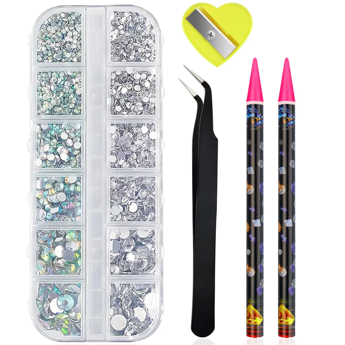 Nail Art Rhinestones Kit 12 Grids Flatback Crystal AB Drills WIth Pen Tweezers DIY Manicure Nail Art Decoration Accessories