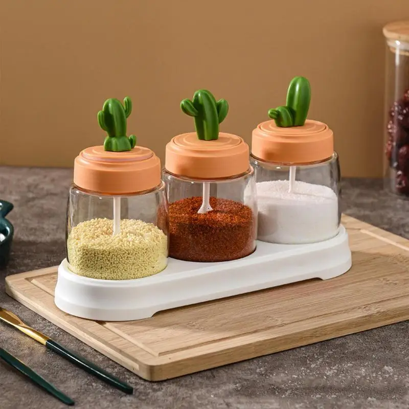 Integrated Cactus Kitchen Seasoning Pot Salt Pot Seasoning Box Seasoning Bottle Combination Set Glass Seasoning Pot Bottle Home