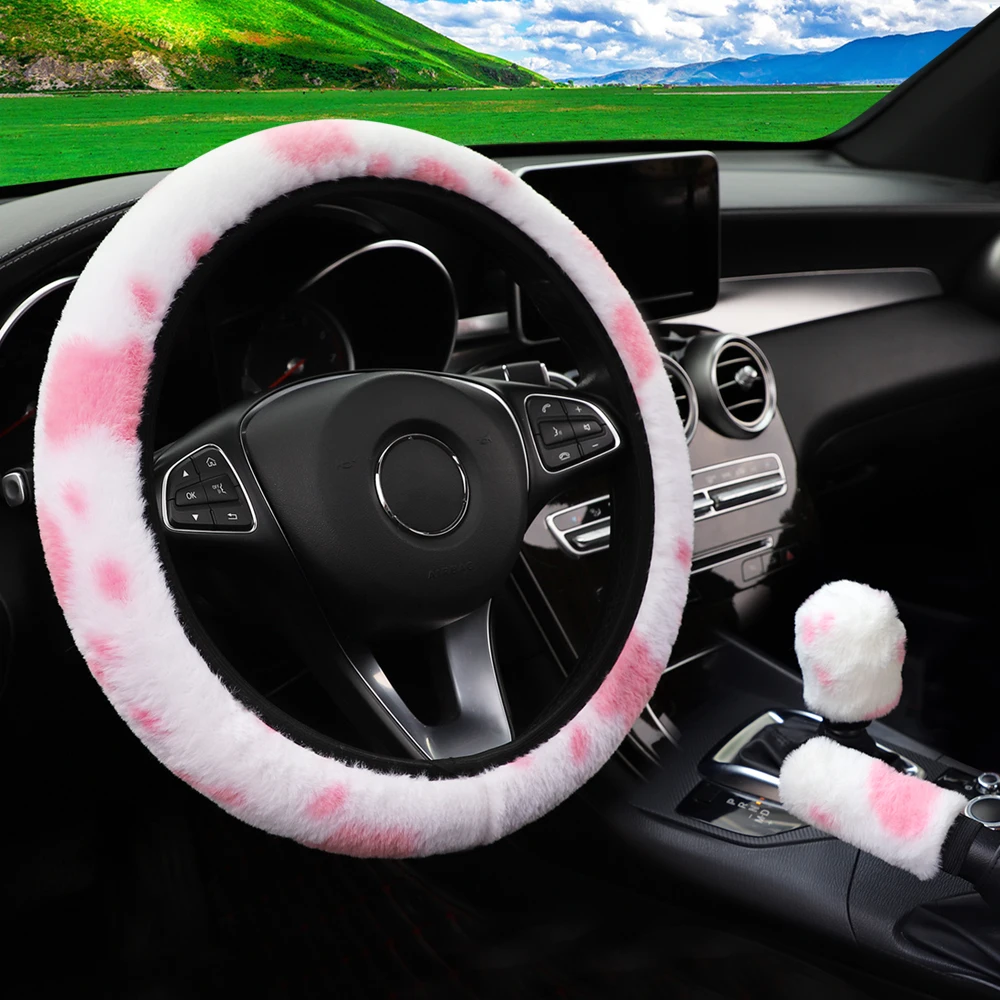3-piece set - Women's winter warm plush steering wheel cover - Cowhide handbrake cover - Gearshift cover - Car interior set
