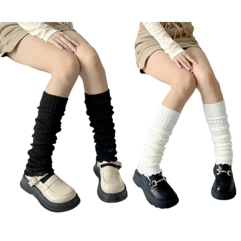 

Japanese Women Ribbed Knit Leg Warmer Solid Color Pleated Ruffled Hem Stockings