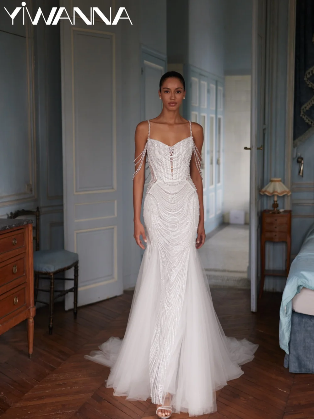 

Thin Straps Luxury Beaded Wedding Dress Sparkling Pearls Lace Mermaid Bridal Gown Customized Graceful Long Dresses For Bride