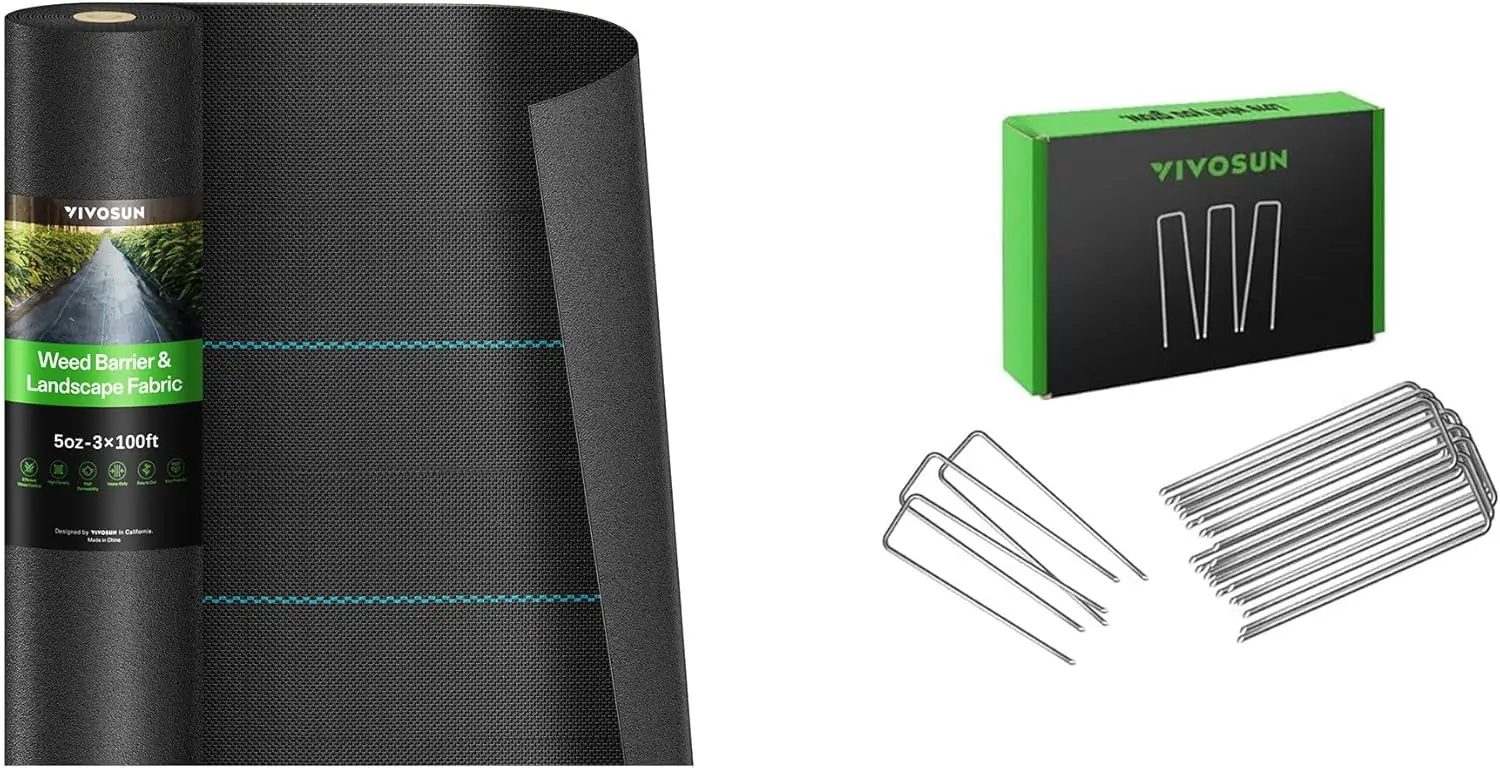

VIVOSUN 3ftx100ft 5oz Double-Layered Weed Control Mat with High Permeability and 6 Inch 50-Pack Garden Stakes, Galvanize