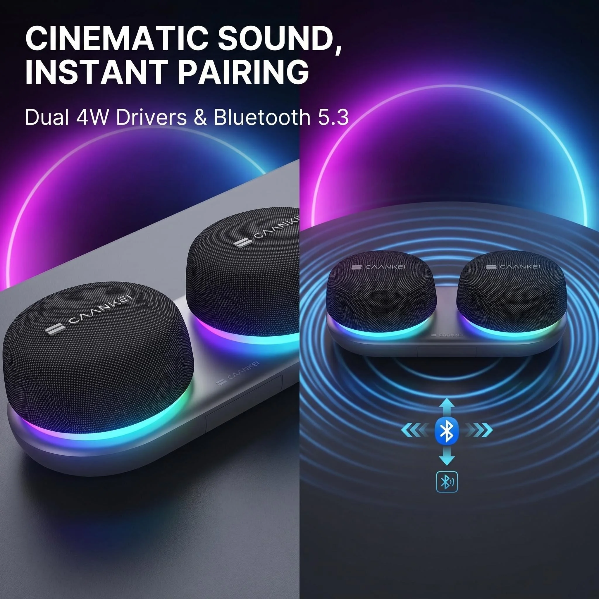 Dual Bluetooth Speaker Set with Magnetic Base & Phone Stand TWS Stereo Sound 10H Playtime RGB Music Sync Lights for Home Theater - view 4