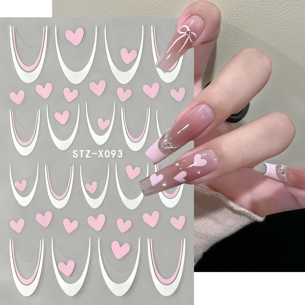 Pegatina 3D para uñas del Día de San Valentín con corazón rosa, línea francesa blanca y rosa, diseño de amor, calcomanías deslizantes para uñas, pegatina artística para manicura dulce Deco