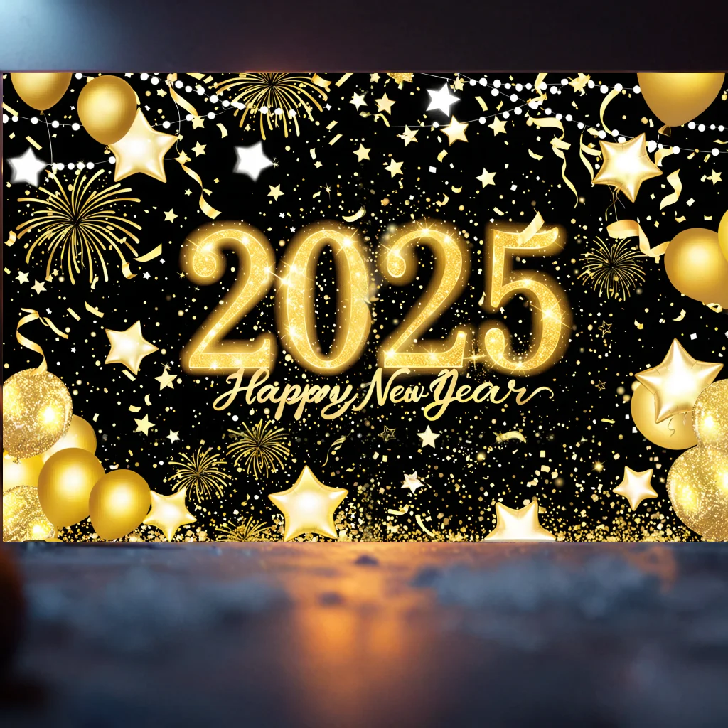 2025 Happy New Year Eve Banner Home Party Background Gold Fireworks  Balloon 180*110cm Banner Wall Decoration Background New In