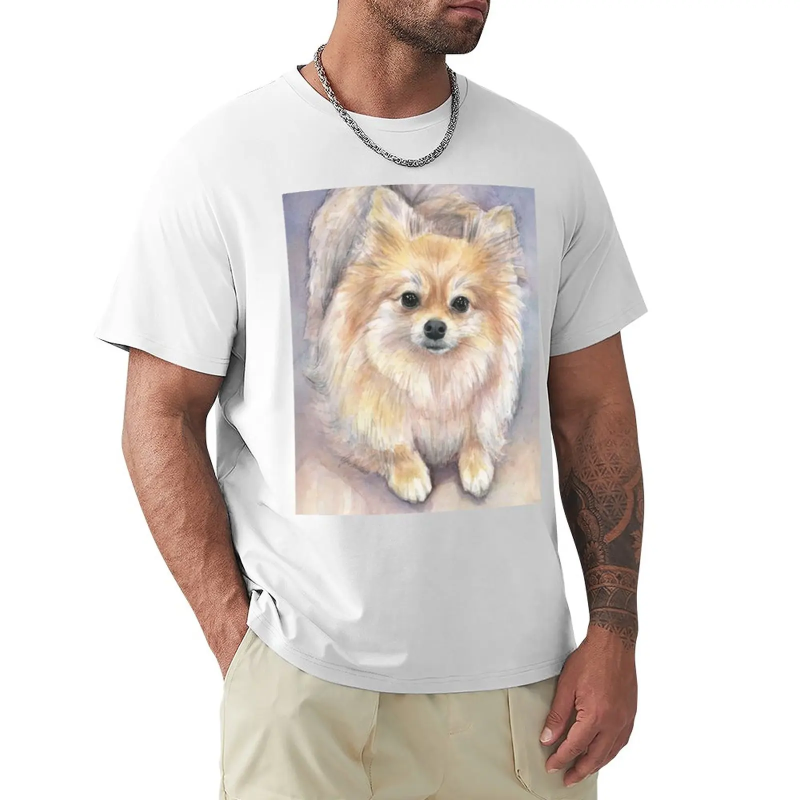 Pomeranian Watercolor Portrait T-Shirt black t shirt anime Men's cotton t-shirt