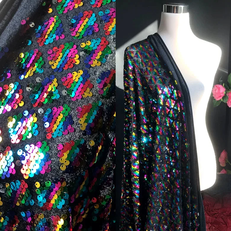 1yard Velvet bottom diamond square grid sequin embroidery fabric DIY evening dress skirt design fabric for clothing