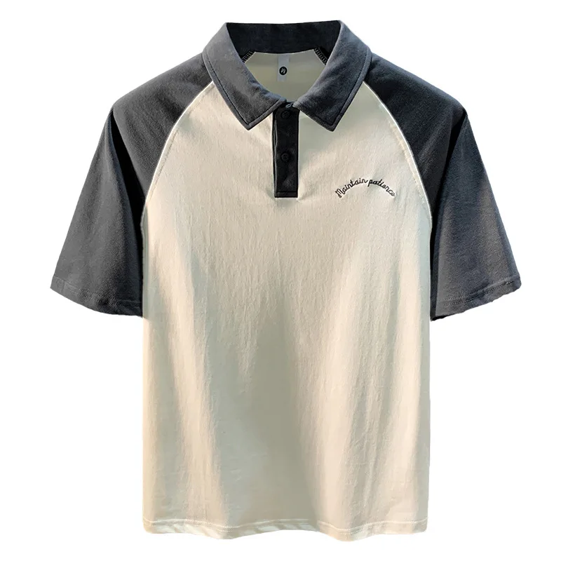 Letnia, cienka koszulka polo z krótkim rękawem, patchworkowa, kontrastowa, męska, haftowana, luźna i wszechstronna koszulka z krótkim rękawem i kołnierzykiem