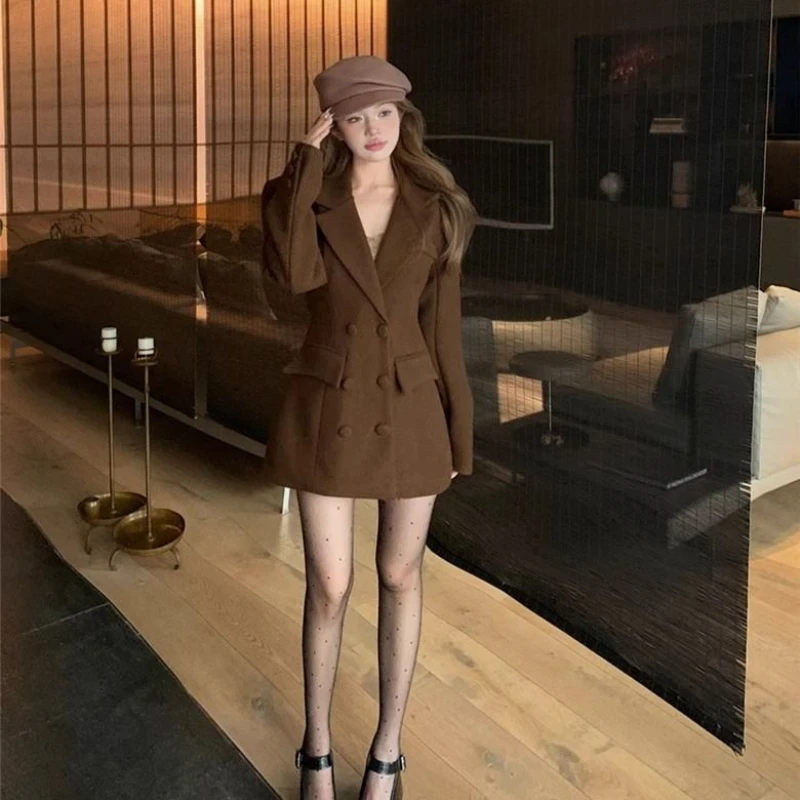 Women's Thickened British Style Short Double Breasted Woolen Blazer Coats Retro Casual Short Waisted Suit Collar Woolen Coats