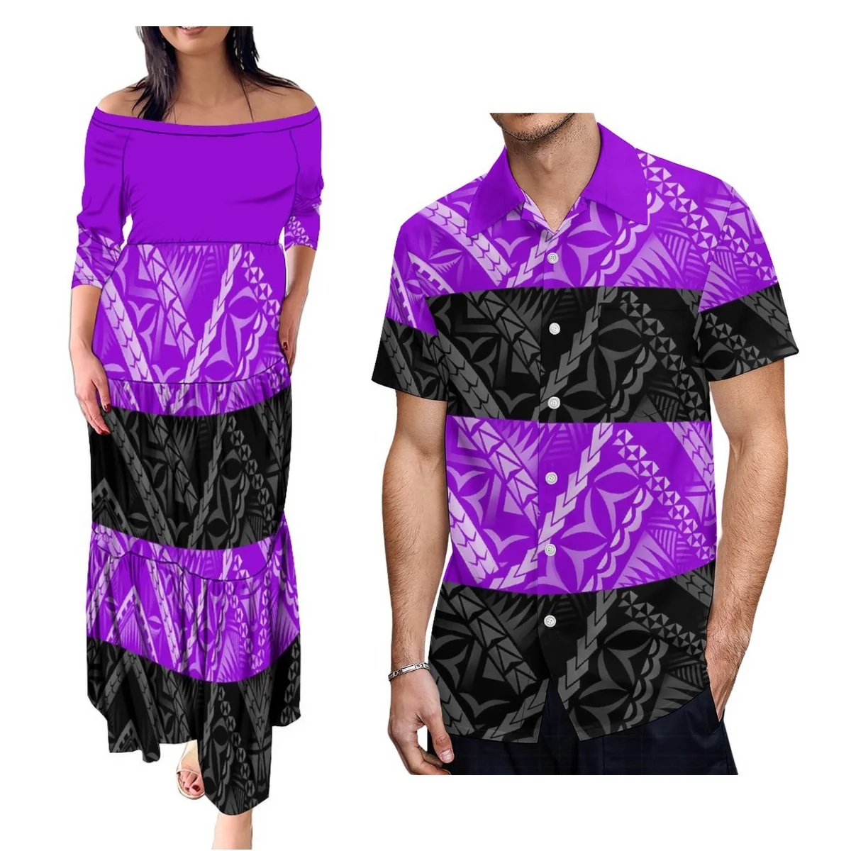 

Women'S Off-The-Shoulder Dress 8xl And Men'S Aloha Shirt 9xl Polynesian Tribe Designed Couples Wear