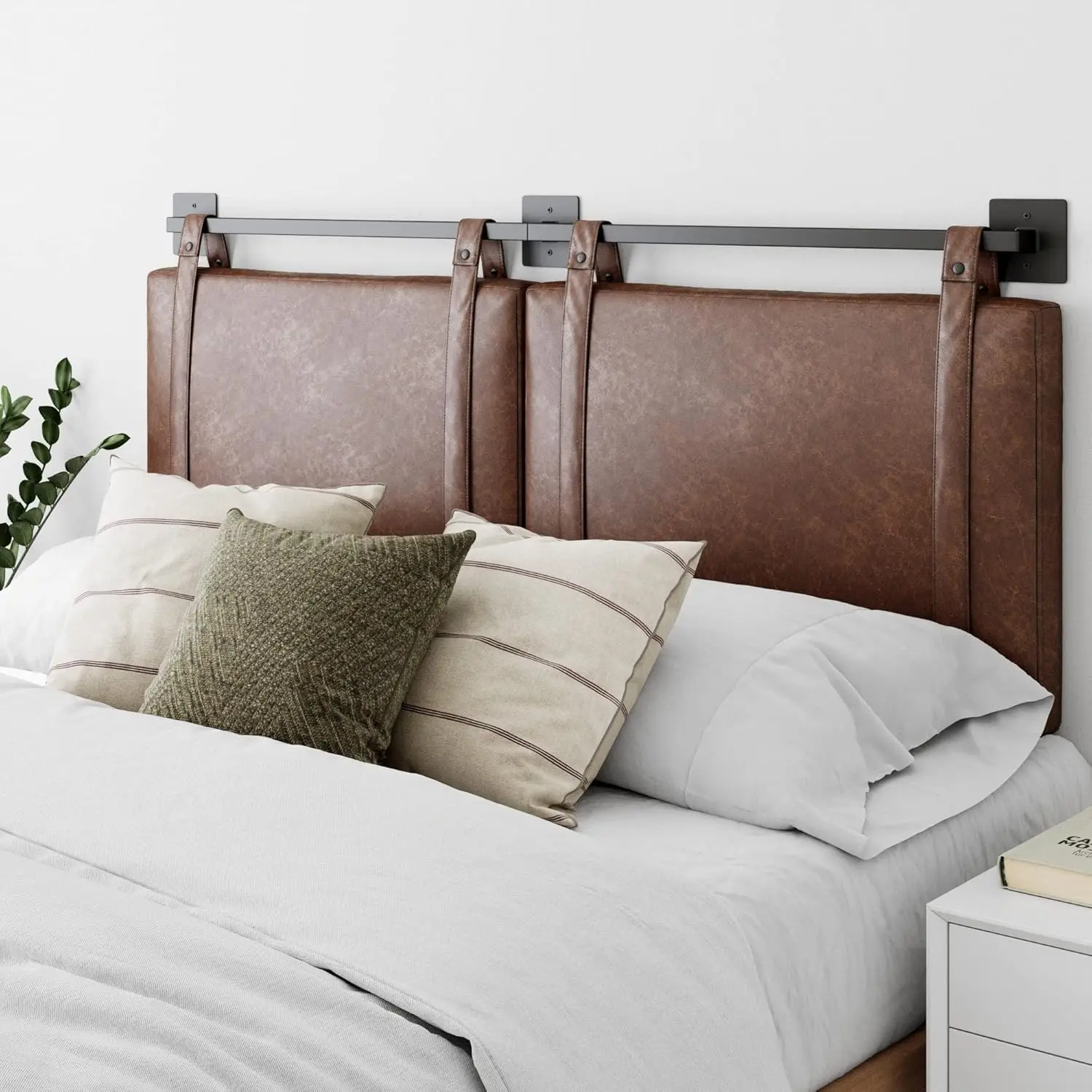 Harlow Modern Wall Mount Hanging Headboard, Queen, Brown Faux Leather