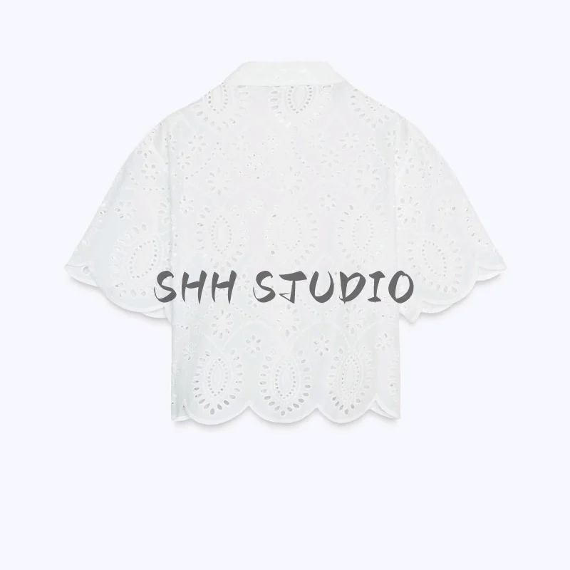 

Summer Women's mat Sle Single Button Cotton Hollow Embroidery ort Sve irt Casual Loose Fit Pure Color