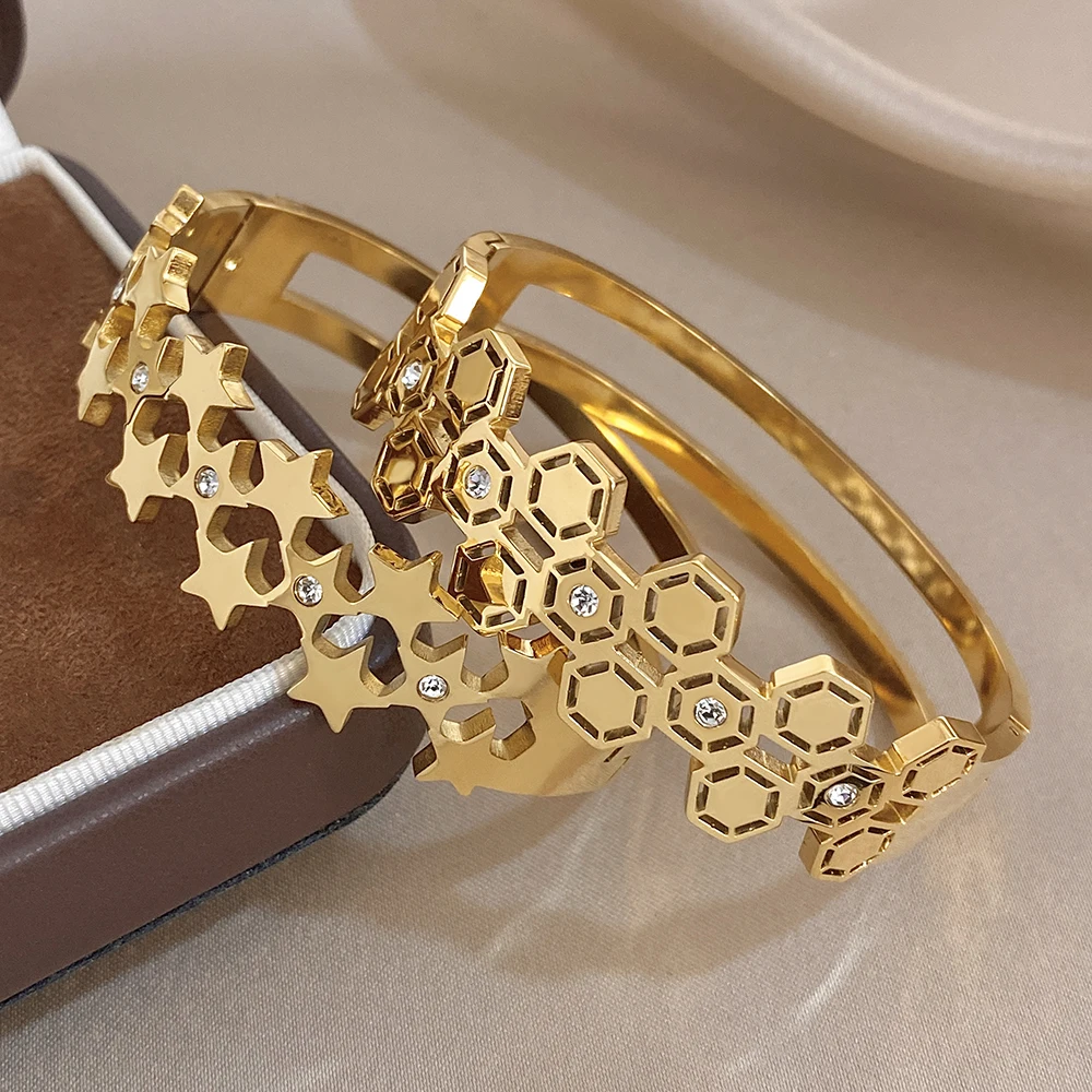 

Freetry Fashion Geometric Splicing Stainless Steel Bracelet for Women Rhinestone Waterproof Spring Wide Bangle Jewelry Gift