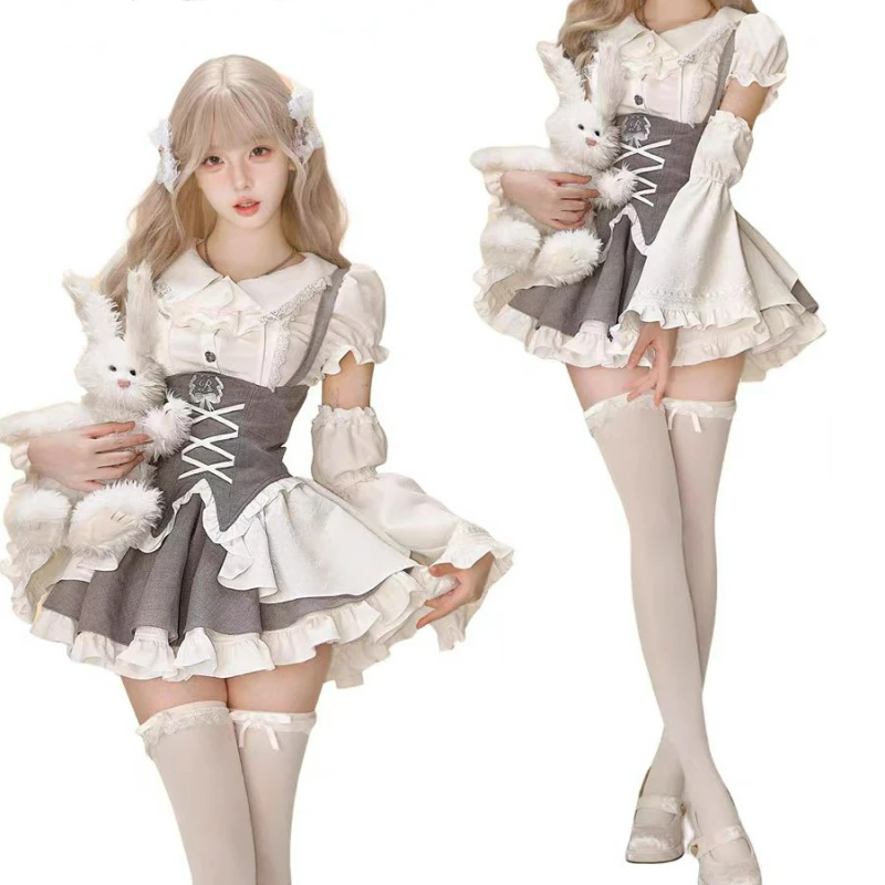 Japanese Kawaii Cute Lolita Skirt Set Women Sweet Lace Patchwork Shirt Top Slim Bandage Suspender Skirt Preppy Style Gothic Suit