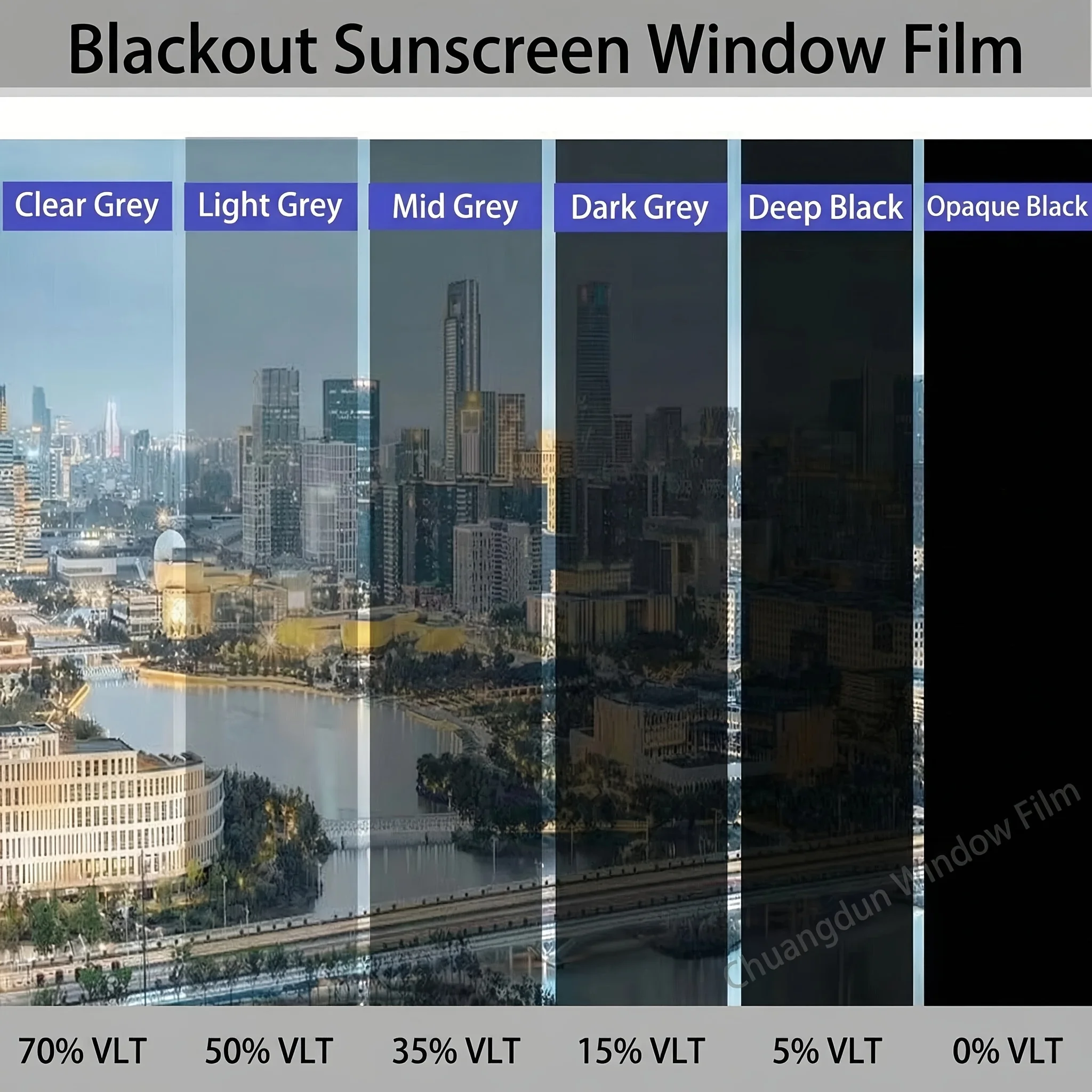 5%-50% VLT Self Adhesive Privacy Window Film UV Protection Sun Block Removable for Bathroom Floor to Ceiling Window Glass