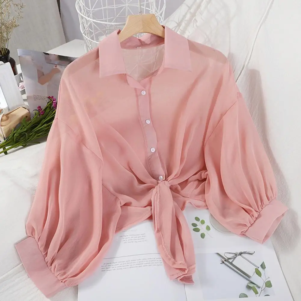 Blusa casual solta de chiffon feminina, cintura amarrada, manga de taqueta, camisa de botão, proteção solar, elegante verão