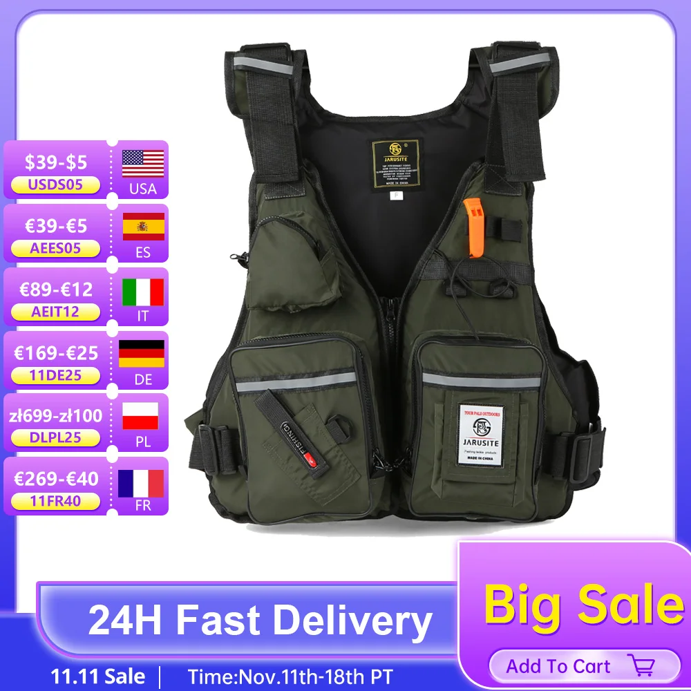 Multi-Pockets Fly Fishing Jacket Buoyancy Vest with Water Bottle Holder Professional Life Jacket for Kayaking Sailing Boating