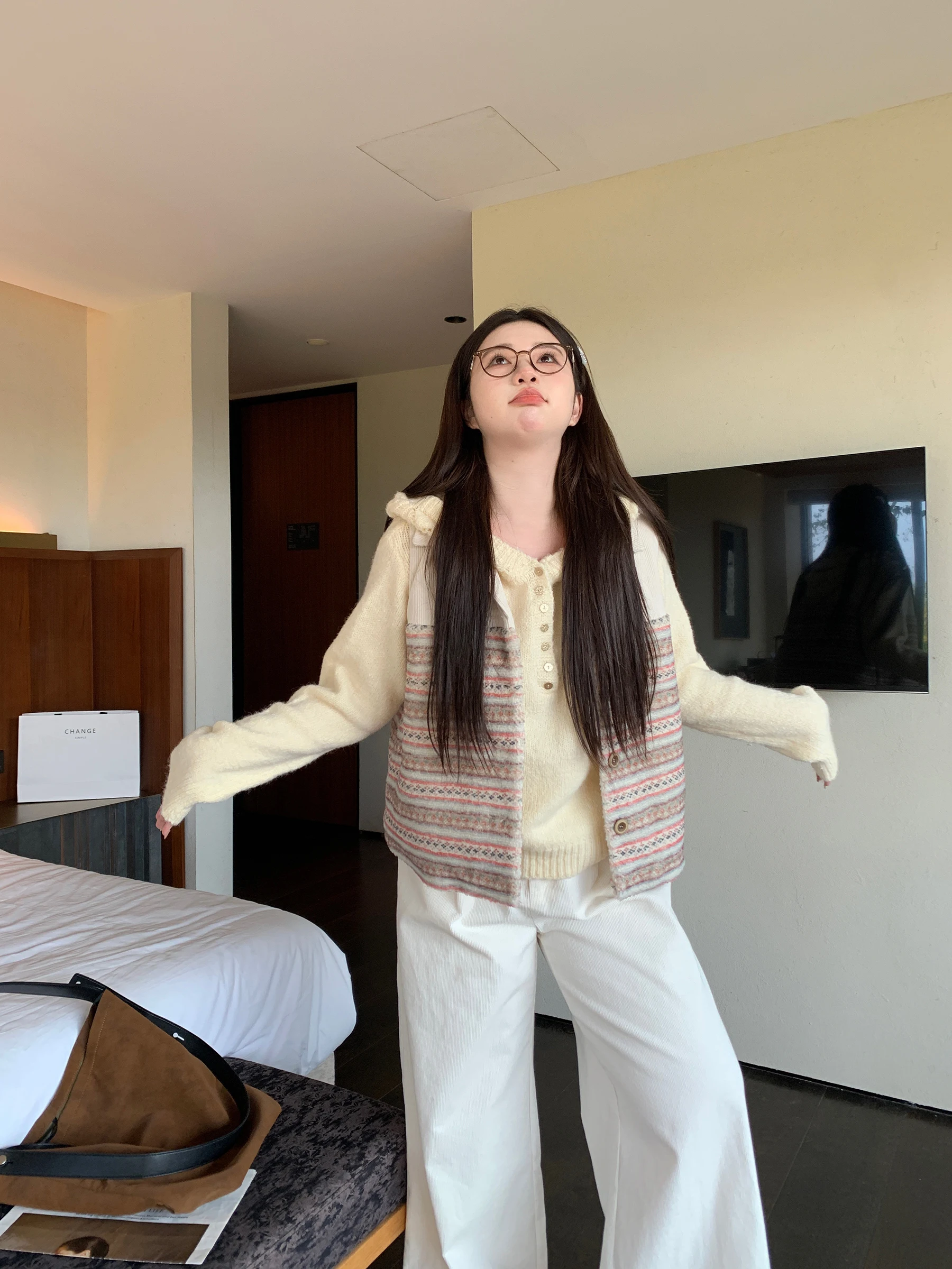 

Nordic Elf Fair Isle Stripe Цветочный мех ягненка Лоскутный воротник Jaet Хлопковый жилет M5T6 Пухлые поездки на работу Sle Полиэфирное волокно