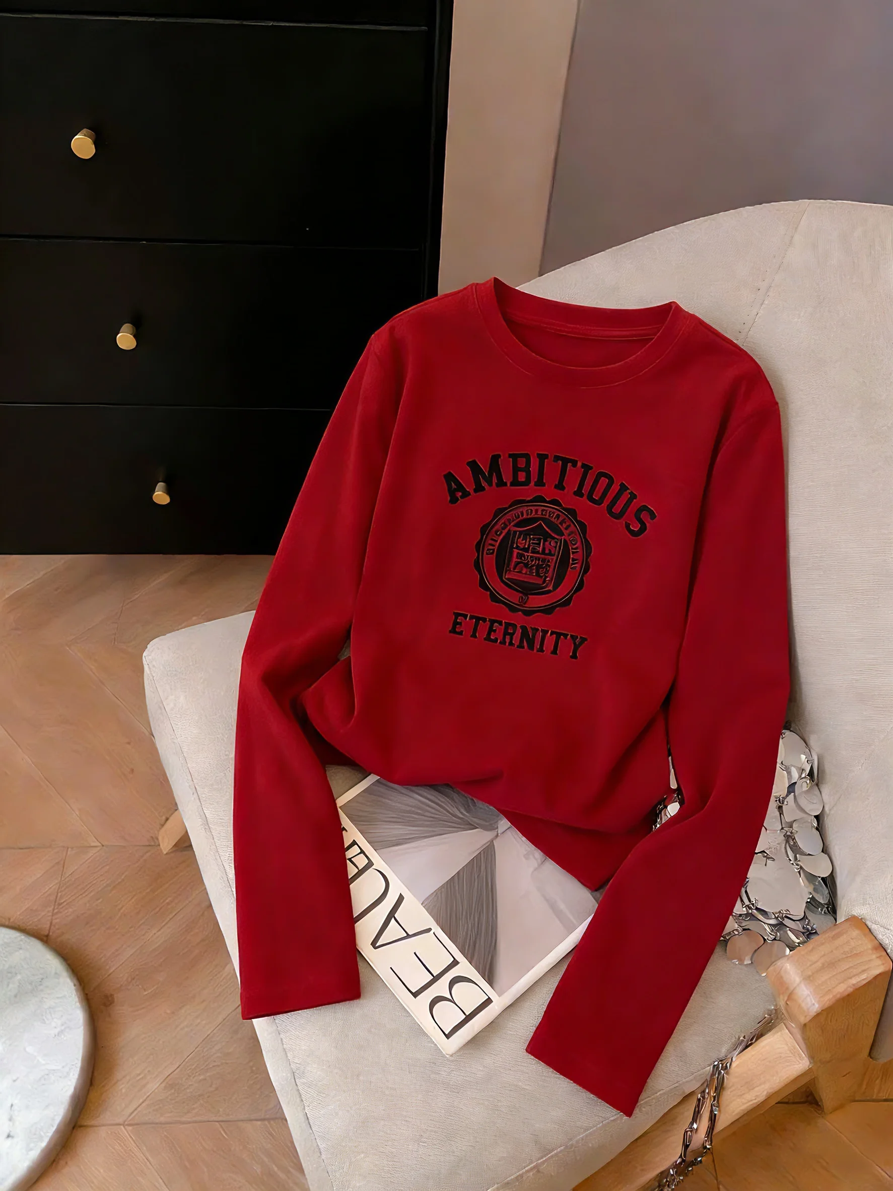 

Ретро-футболка в американском стиле, женская, весенне-осенняя, свободного кроя, повседневная, с круглым вырезом, с принтом-надписью