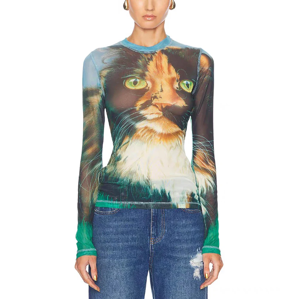 Women's Round Neck Mesh T-shirt,Slim Top,Elegant Commuter,Long Sleeve,Thin Tees,Cat Printed,Temperament,New,Autumn,Y2k,2024