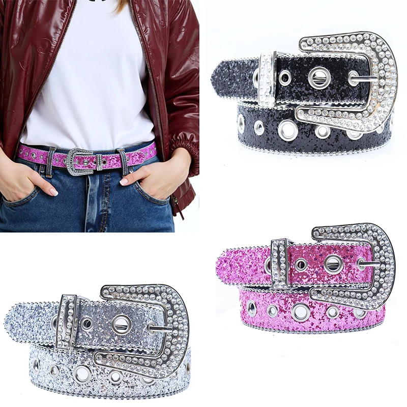 

Fashion Design Pu Leather Belt Women Bling Buckle Sparkling Belt Shiny Ladies' Belt For Jeans Pants