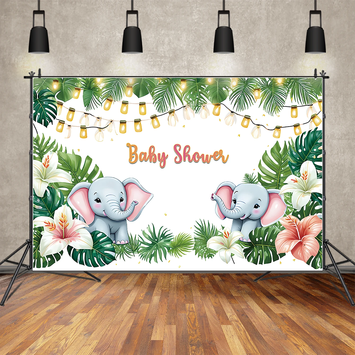 MOON.QG Little Elephant Baby Shower Backgrounds Newborn Flowers Lights Tropical Leaves Backdrops Party Photocall Banner Props