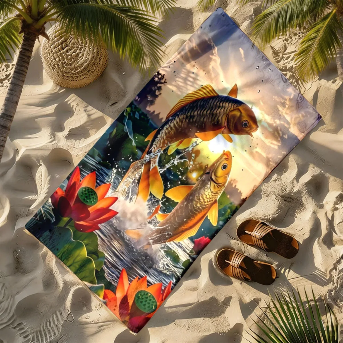 Koi fish leaping out of the water polyester microfiber beach towel is highly absorbent, suitable for swimming and beach outings