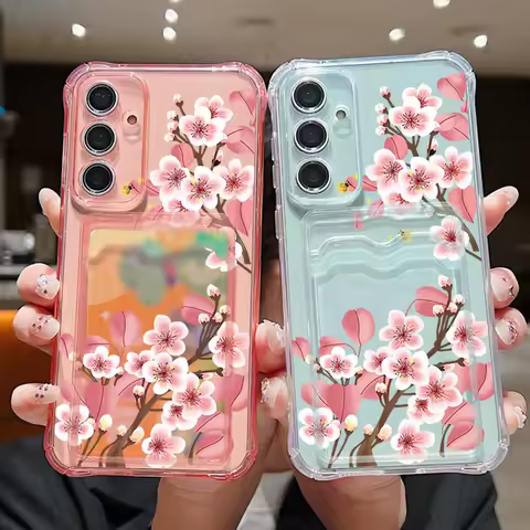 Pink Flowers Case For Samsung Galaxy A15 A55 A56 A54 A36 A34 A16 5G S25 S24 S23 S22 Ultra Plus S24 FE Card Bag TPU Phone Cover