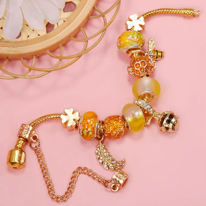 Golden Leaves Flower & Bee Honey Bead With Pendent DIY Charm Brand Bracelet Fashion Jewelry For Women & Kid Making Gift New