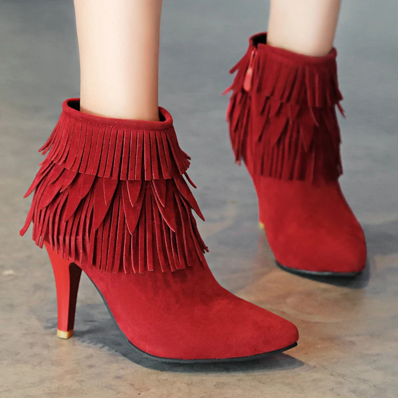 

Faux Suede Leather Pointed Toe Spike High Heels Bootie Women Shoes with Red Tassels Short Ankle Stiletto Boots Big Size 33-54
