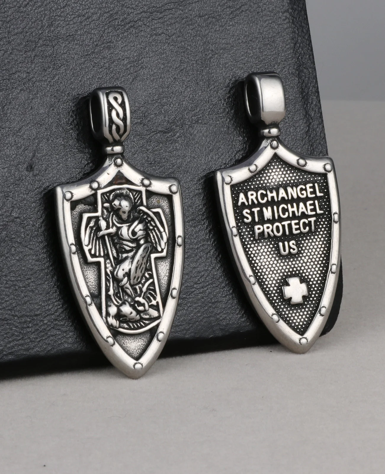 Stainless Steel Shield St.Michael Archangel Pendant Commander Protection Medallion DIY Necklace Parts Religious Keepsake Charms