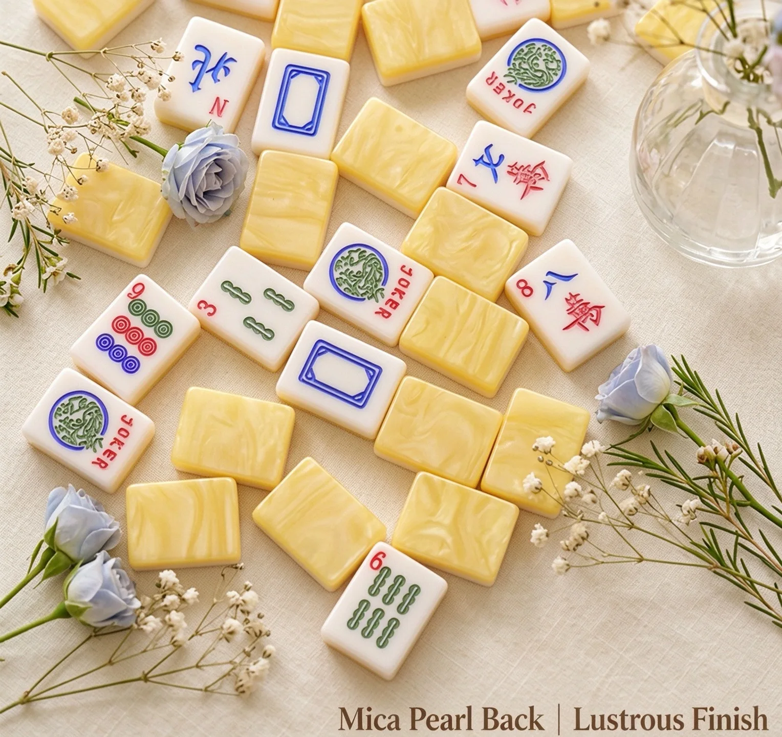 Double-layer Mica Pearl Acrylic American Mahjong Set Pearl Yellow 166 Tiles 32mm Waterproof & Drop Resistant Family Board Game