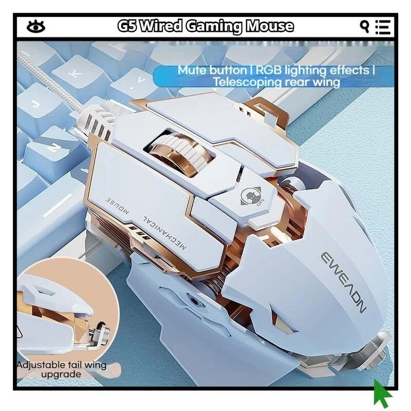 

Игровая мышь G5, проводная механическая программирование макросов, металлическое взвешивание, эргономичное ощущение, RGB, 6-скоростная регулировка DPI, оптический чип A842F