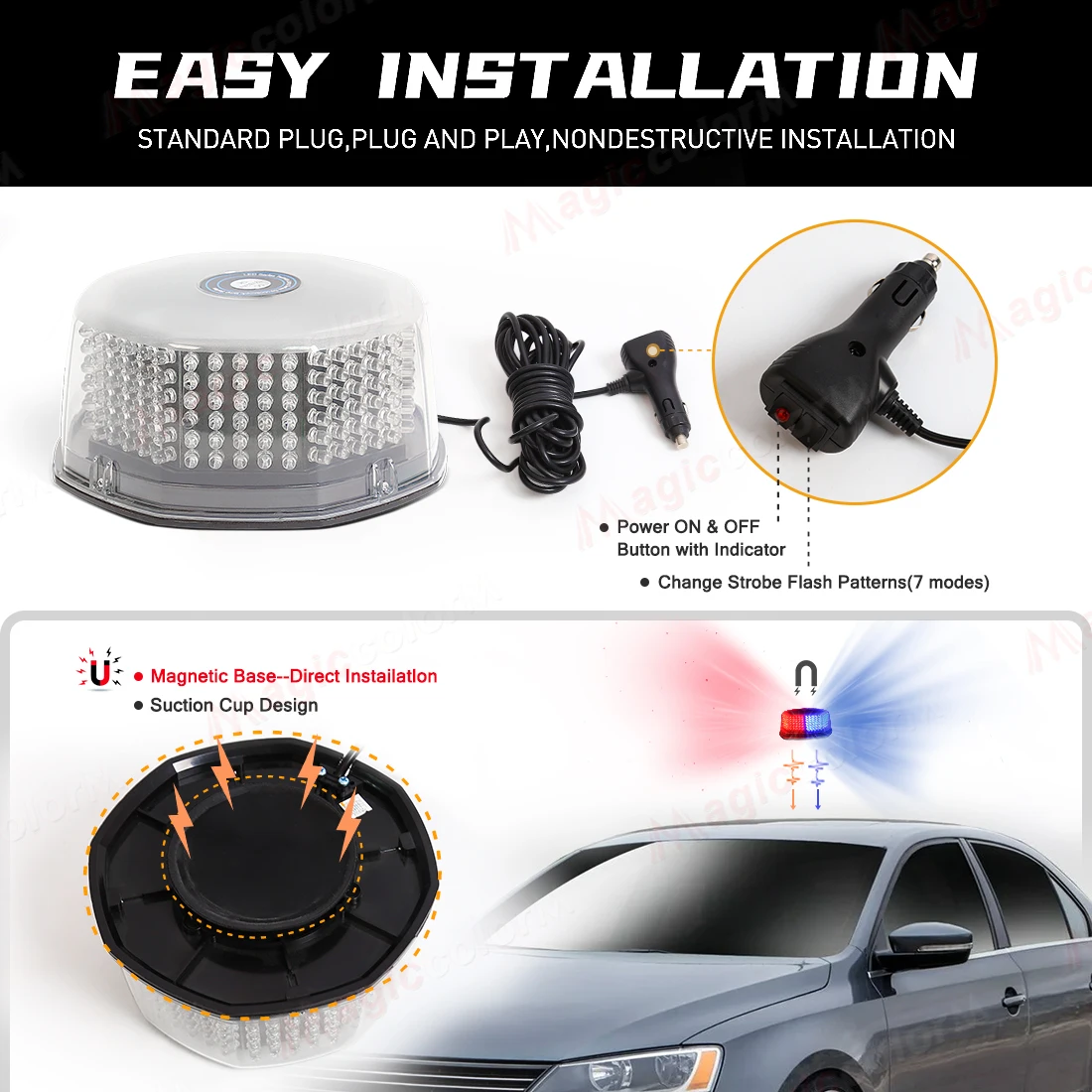 240 LED Car Roof Strobe Warning Light With Magnetic Base 12V/24V Flashing Safety Beacon Lamps Waterproof Multiple Flash Patterns