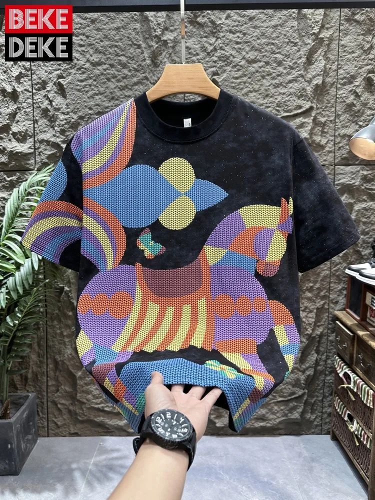 New Summer Male Pony Colorful Printed Tees Fashion Streetwear Short Sleeve Tops Mens O Neck T-shirt Leisure Pullover Hot Sale