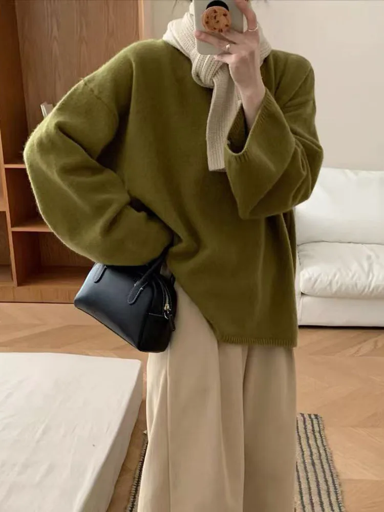 Autumn O Neck Knitted Sweaters for Women Korean Loose Lazy Style Casual Pullover Y2K Fashion Thick Warm All Match Solid Jumper