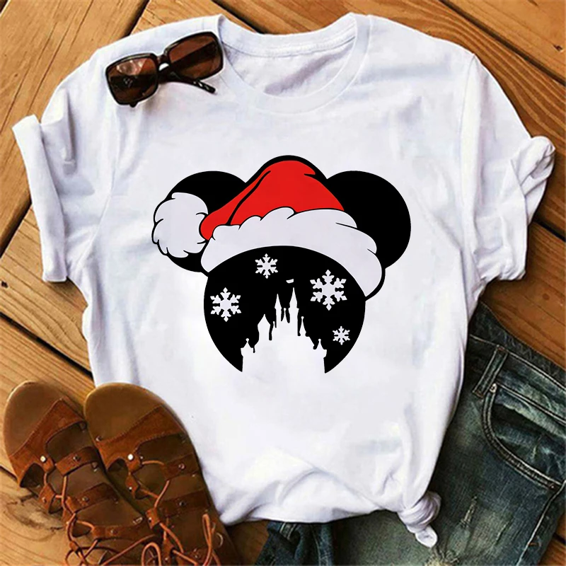 90s Christmas Mickey Print T-shirts for Women Fashion Minnie Mouse T Shirt Streetwear Female Clothes Kawaii Disney Tshirt