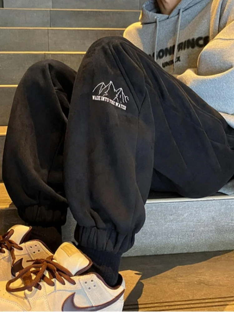 

Мужские замшевые зимние утепленные повседневные брюки свободного кроя, спортивные штаны в американском стиле, плотные, прямые, длинные