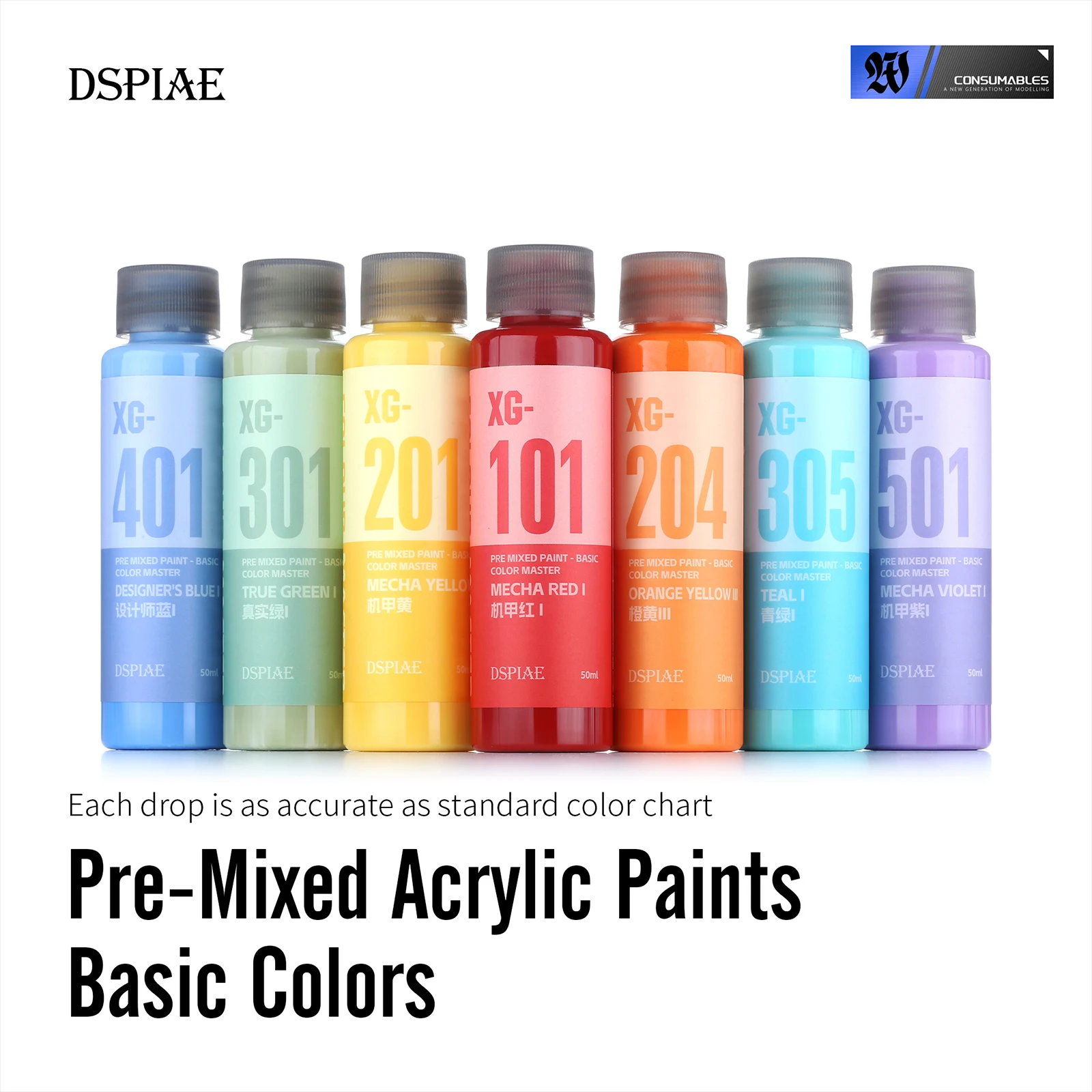 DSPIAE XG Series 50ML Pre Mixed Water Based Paint Basic Color Master Spray Painting Hand Painted Model Kit Pigment for Hobby DIY