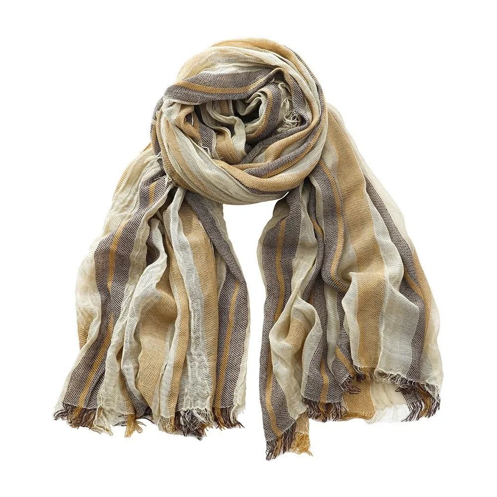 New Breathable Striped Scarf Short Tassel Warm Cotton Linen Neckerchie Lightweight Casual Unisex Scarf Office