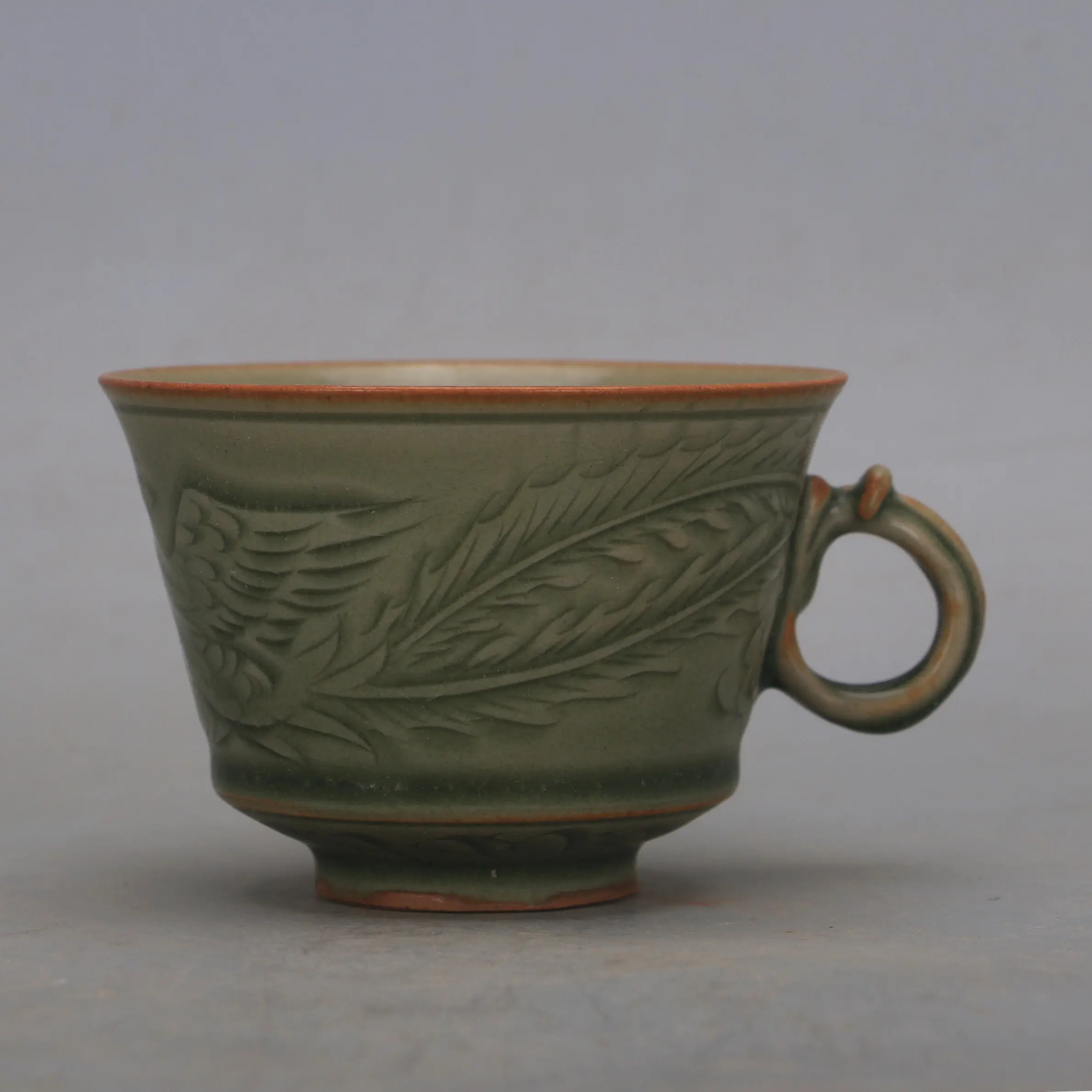 Yaozhou Ware Style Celadon Handmade Carved Phoenix Peony Tea Cup Set Chinese Antique Home Decor Gift