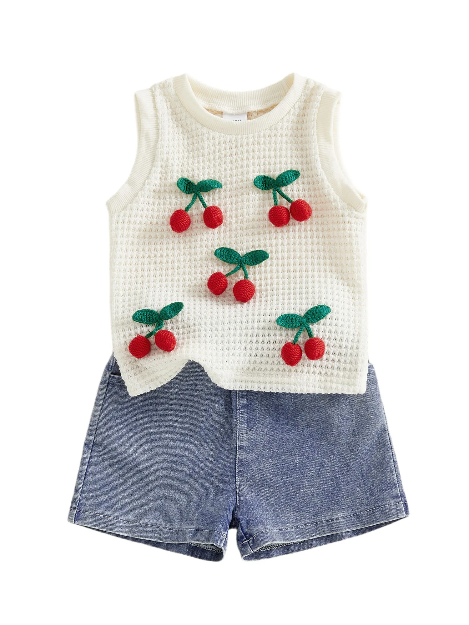 

Women s Casual Sleeveless Tank Top and High Waisted Denim Shorts Set with Cute Cherry Embroidery Detail