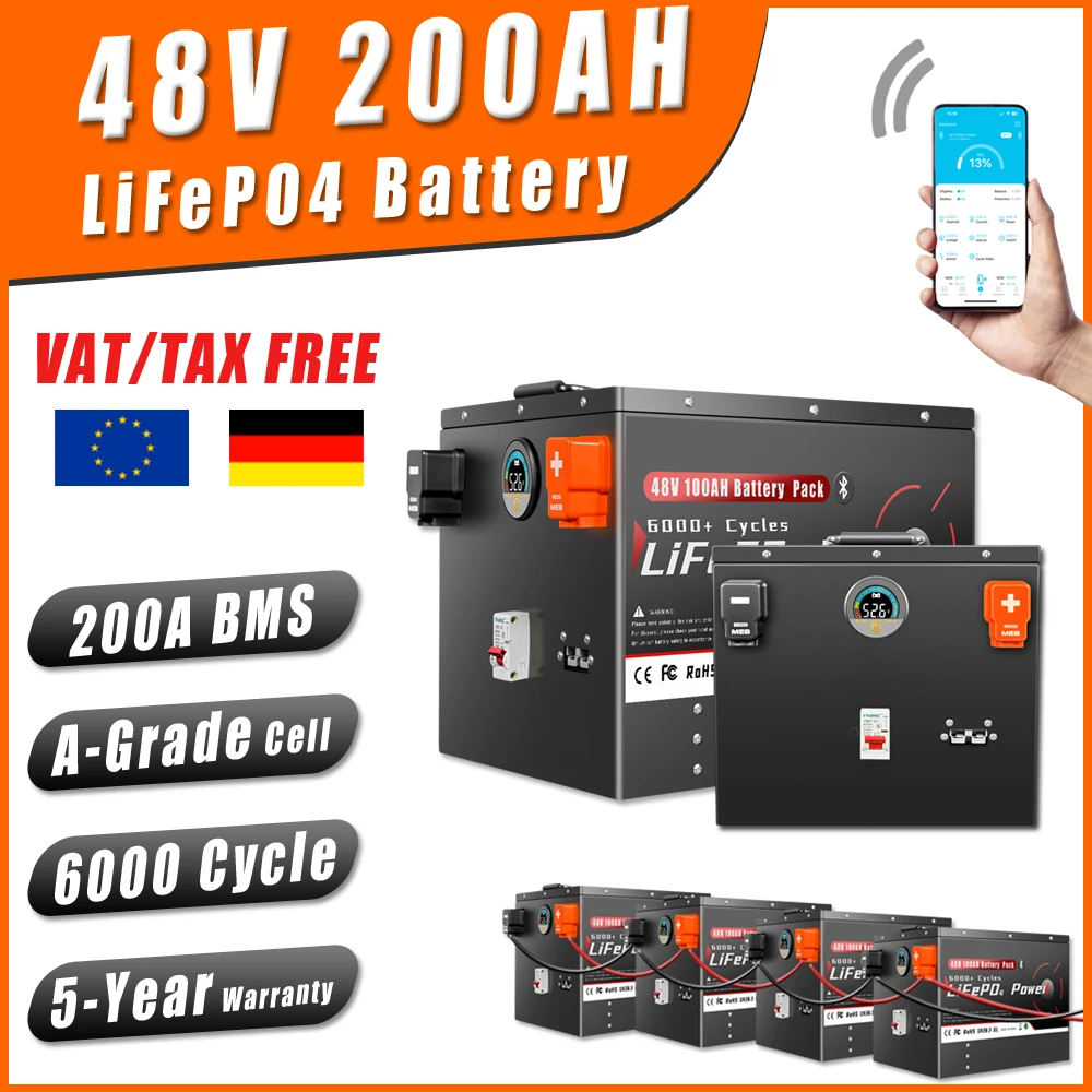 48V 50Ah 100Ah 200Ah LiFePO4 Battery Pack Bluetooth BMS Grade A 6000+ Deep Cycle For Solar Home Storage RV Boat Inverters PV
