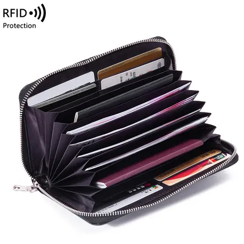 RFID 도난 방지 소가죽 지갑, 브러시 헤드 레이어, 긴 통장 통장, 대용량 클러치 백