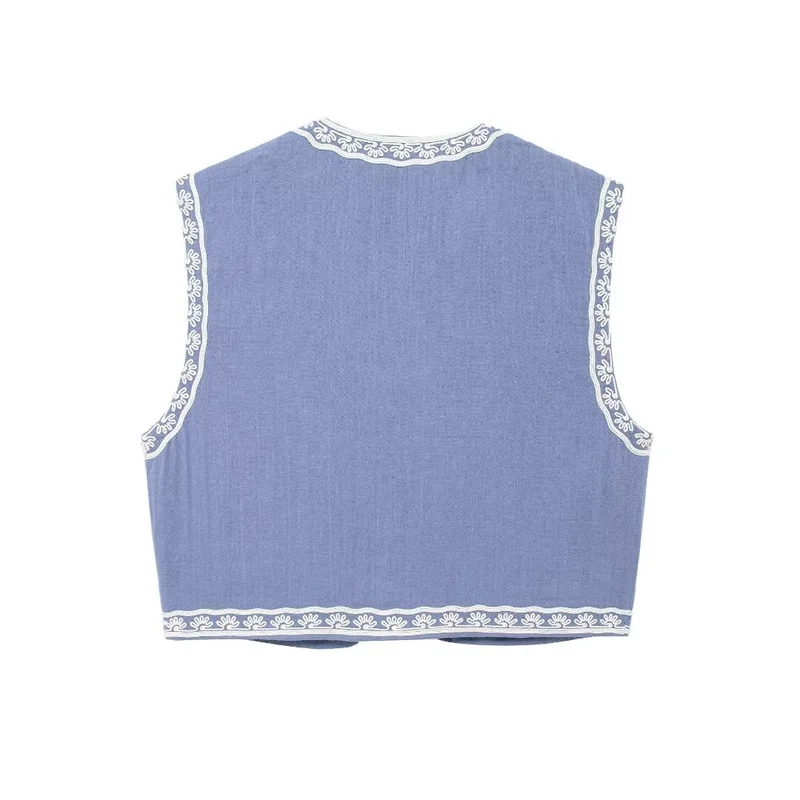 KEYANKETIAN 2024 New Women's Embroidered waistcoat Bohemian Holiday wind Blue Thin Sleeveless Crop Top Vest Vintage Short Coat