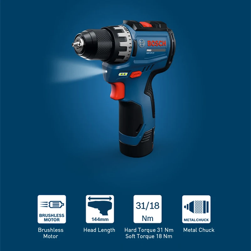 Bosch GSR12V-31 Cordless Drill Driver Brushless 12V 2-Speed 20-Gear Torque Metal Chuck LED Light