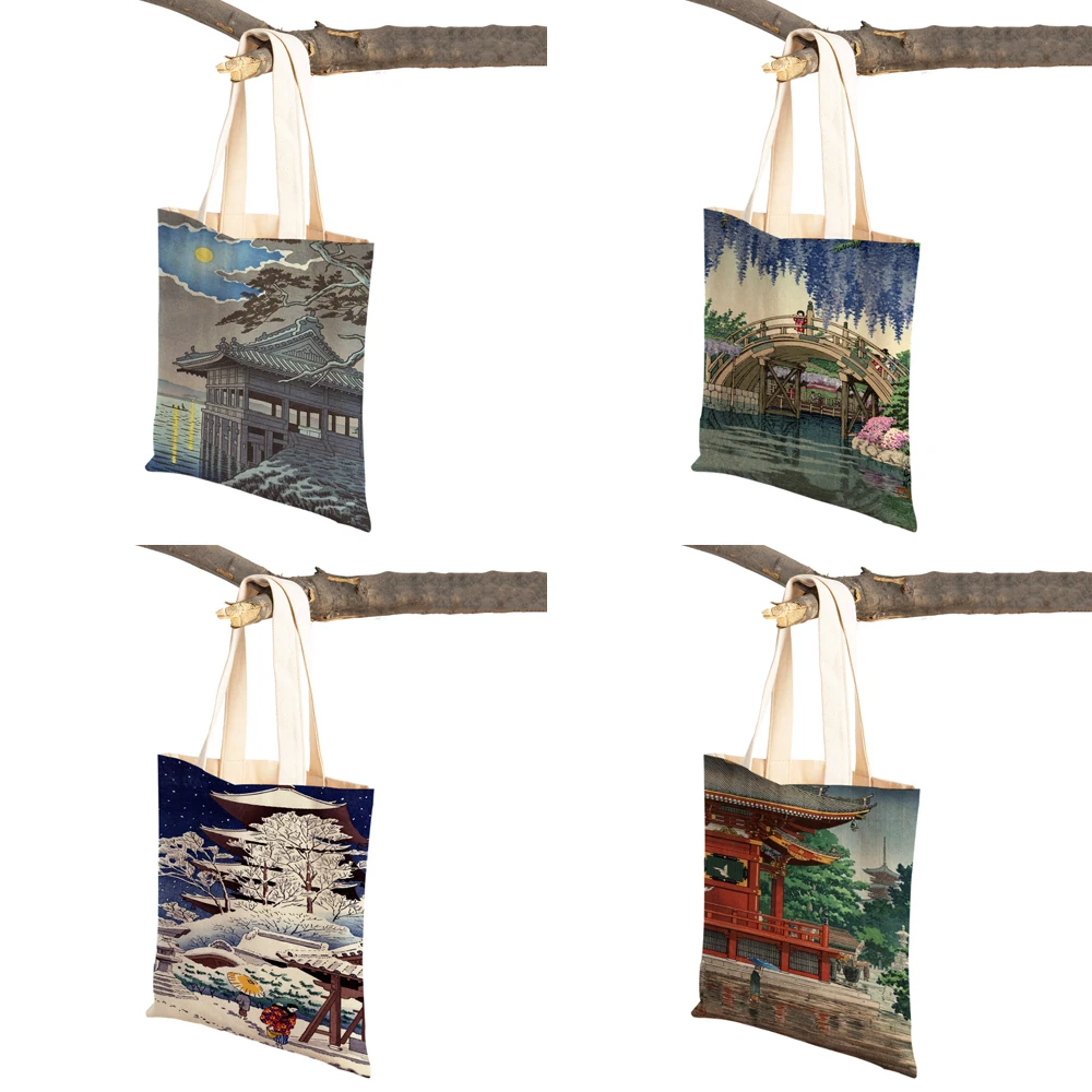 Japanese Landscape Retro Art Shopper Bags Travel Tote Lady Handbag Both Sides Beauty Scenery Casual Canvas Women Shopping Bag