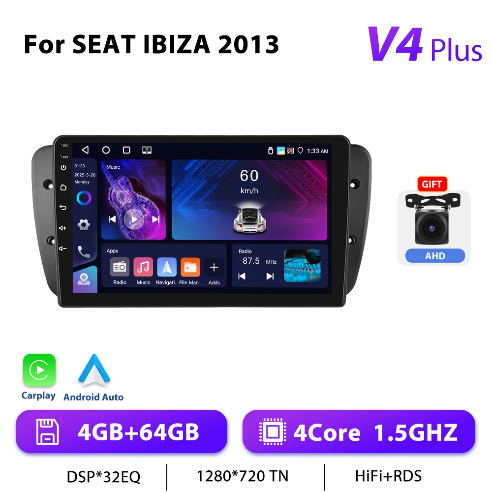 Podofo 9 "Autoradio Draadloze CarPlay Android Radio Voor SEAT IBIZA 6j 2009-2013 Multimedia GPS FM 4G WIFI Auto Intelligente Systemen