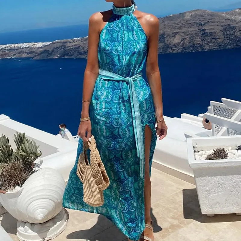 Robe de soirée Sexy, épaules dénudées, taille haute, imprimé bohème, robe de plage, vacances, décontractée, ajourée, sans manches, longue en Satin