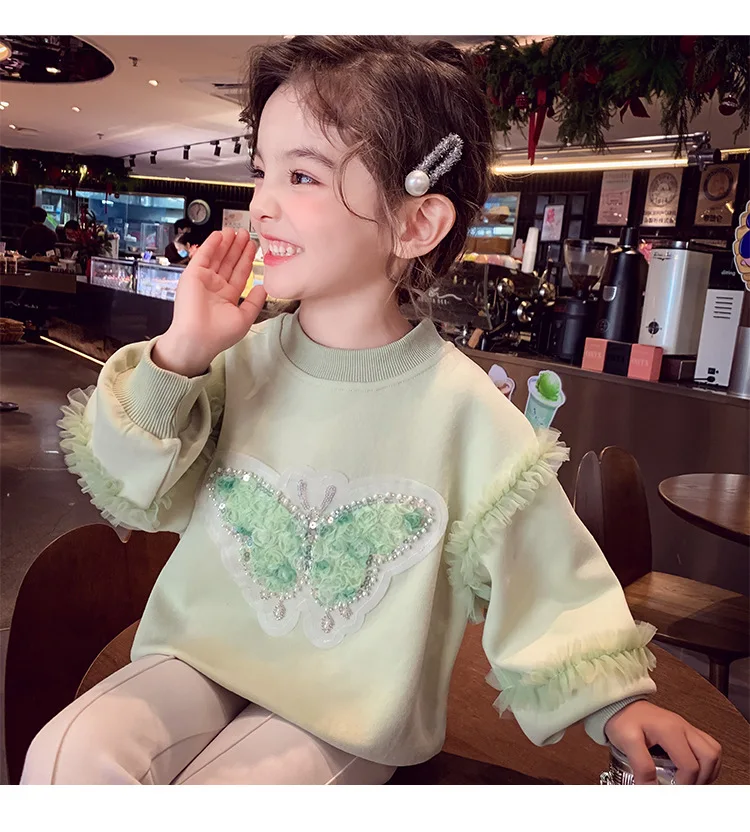 Herbst Kinder Mädchen Sweatshirts Schwestern Partnerlook Baumwollkleidung Pailletten Schmetterling Rüschenbesatz Langarm Rundhals Pullover Tops – Detail 14